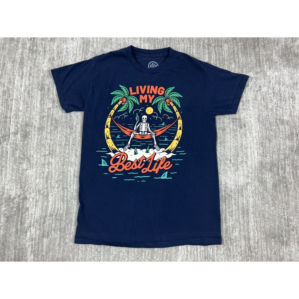 DOM T-Shirt Mens S Navy Blue Living My Best Life Skeleton Tropical Graphic Tee